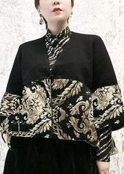 Organic Black V Neck Embroideried Button Thick Velour Top Winter