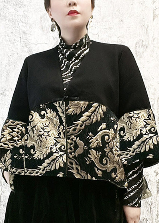 Organic Black V Neck Embroideried Button Thick Velour Top Winter