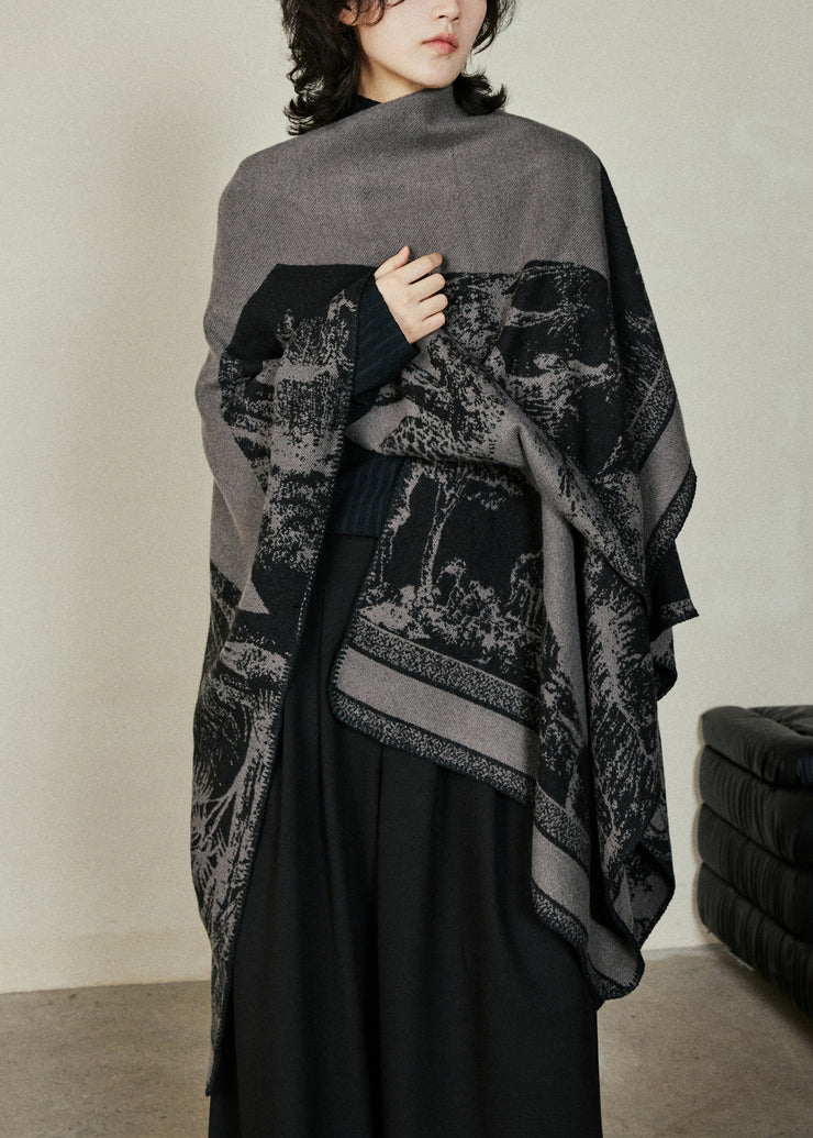 Organic Black V Neck Print Cotton Knit Shawl Coats Fal