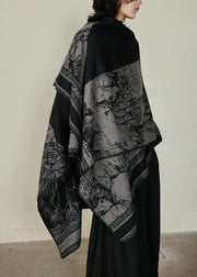 Organic Black V Neck Print Cotton Knit Shawl Coats Fal