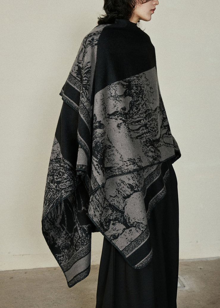 Organic Black V Neck Print Cotton Knit Shawl Coats Fal