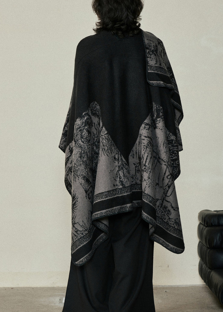 Organic Black V Neck Print Cotton Knit Shawl Coats Fal