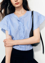 Organic Blue Embroidered Cotton Shirts Butterfly Sleeve