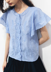 Organic Blue Embroidered Cotton Shirts Butterfly Sleeve
