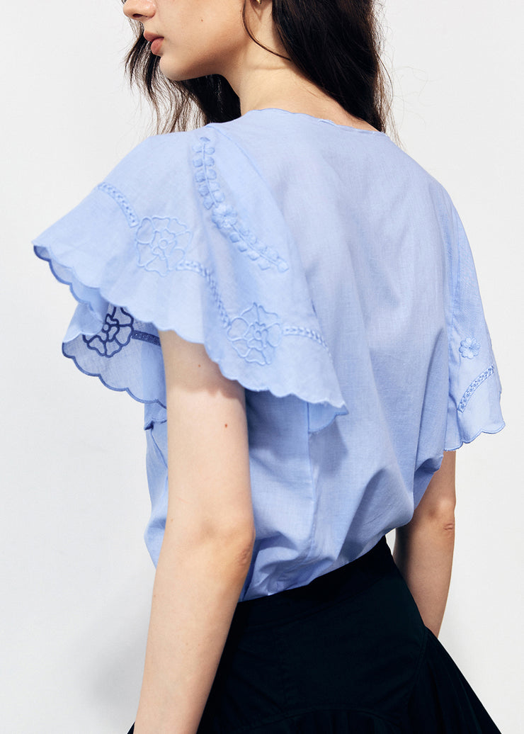 Organic Blue Embroidered Cotton Shirts Butterfly Sleeve