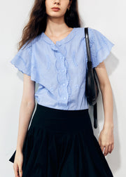 Organic Blue Embroidered Cotton Shirts Butterfly Sleeve