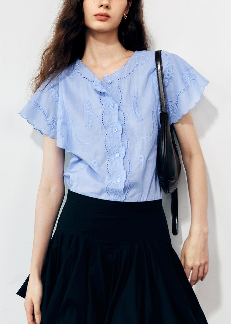 Organic Blue Embroidered Cotton Shirts Butterfly Sleeve