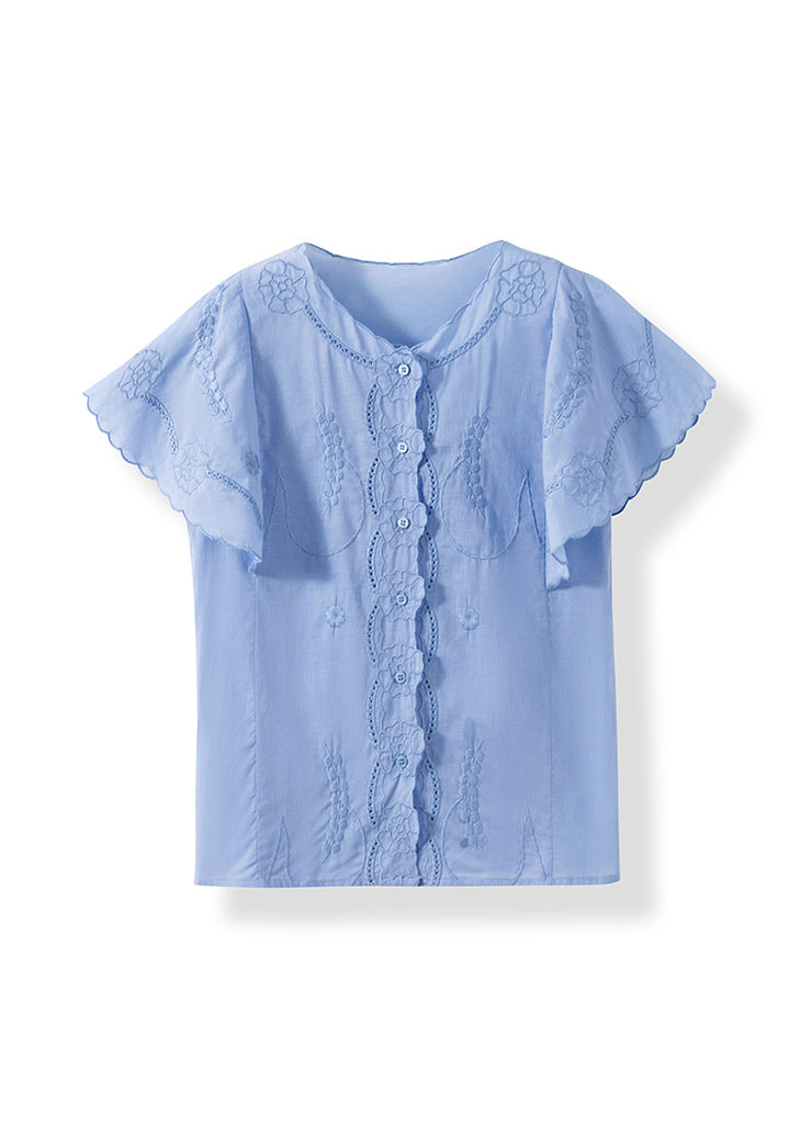 Organic Blue Embroidered Cotton Shirts Butterfly Sleeve