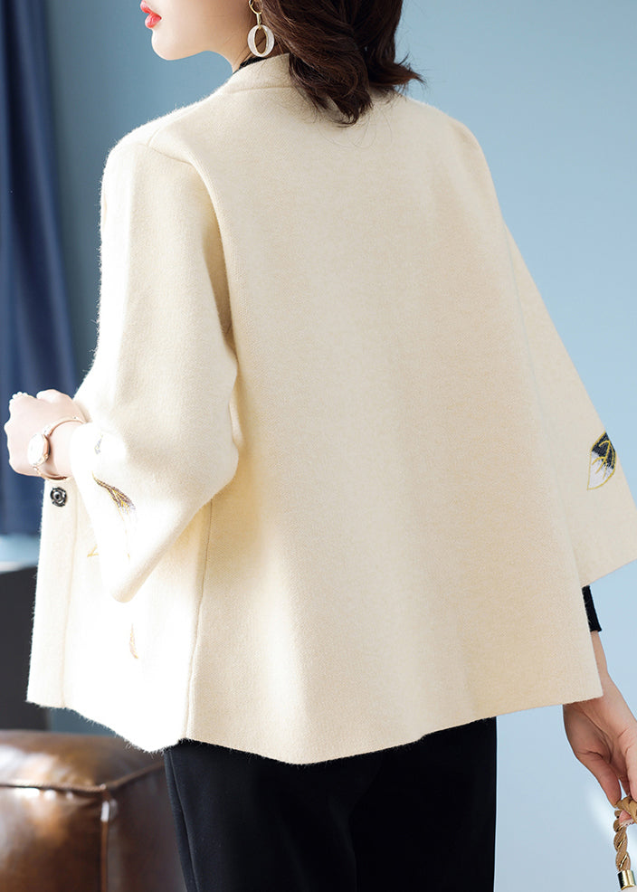 Organic Blue Embroidered Patchwork Woolen Coat Three Quarter Sleeve