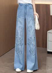 Organic Blue Embroidered Pockets Denim Pants Fall