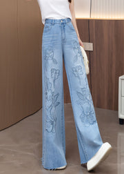 Organic Blue Embroidered Pockets Denim Pants Fall