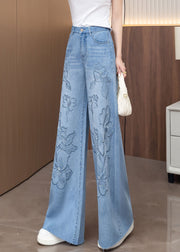 Organic Blue Embroidered Pockets Denim Pants Fall