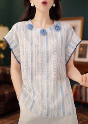 Organic Blue Floral Decorated Hollow Out Cotton Tanks Summer