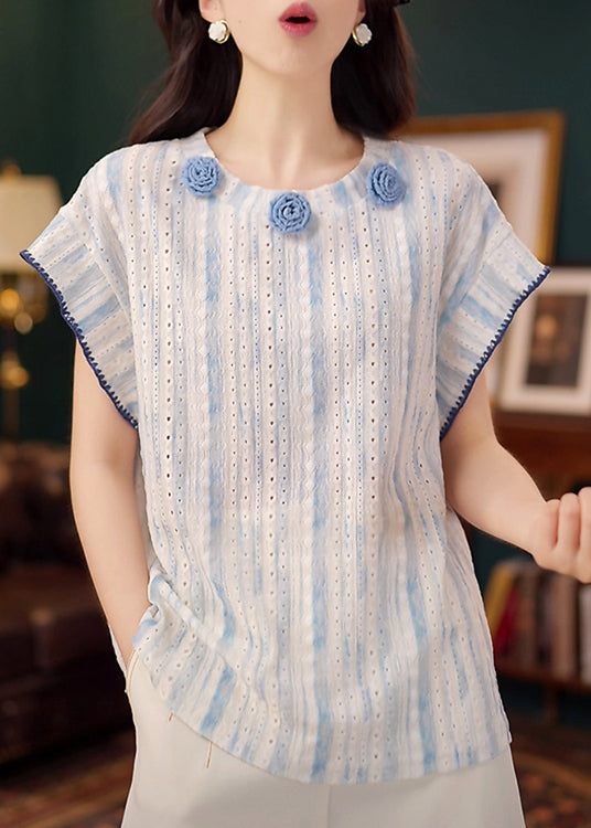 Organic Blue Floral Decorated Hollow Out Cotton Tanks Summer