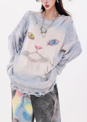 Organic Blue Oversized Cat Print Knit Ripped Sweater Winter