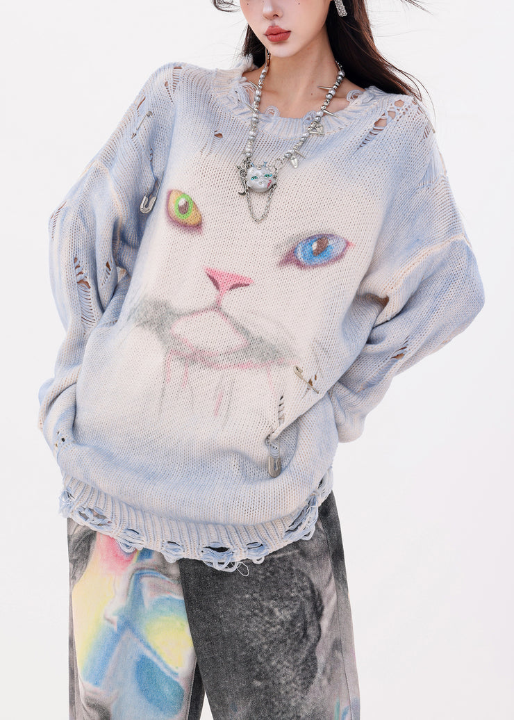 Organic Blue Oversized Cat Print Knit Ripped Sweater Winter