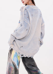 Organic Blue Oversized Cat Print Knit Ripped Sweater Winter