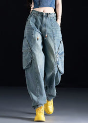 Organic Blue Pockets Patchwork Denim Pants Fall