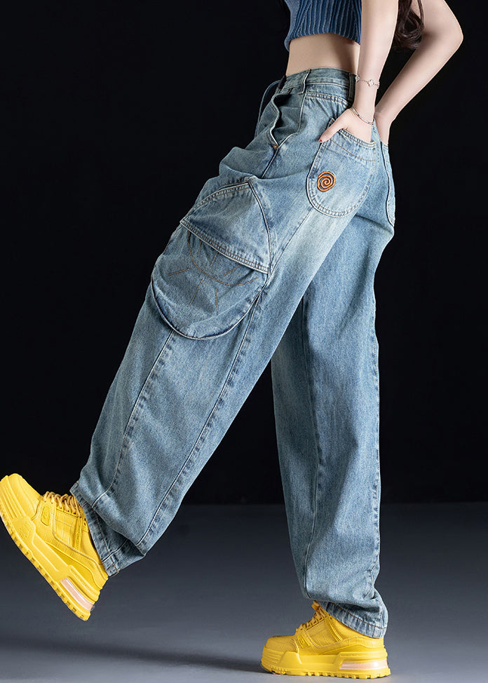 Organic Blue Pockets Patchwork Denim Pants Fall