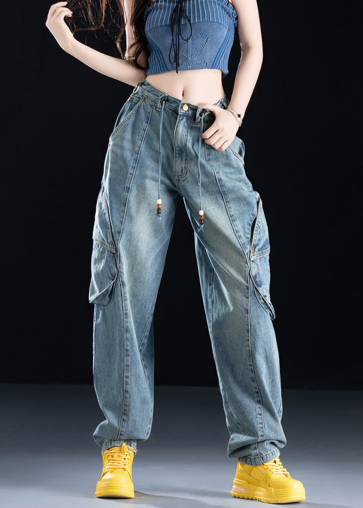 Organic Blue Pockets Patchwork Denim Pants Fall
