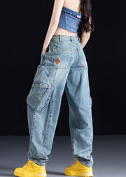 Organic Blue Pockets Patchwork Denim Pants Fall
