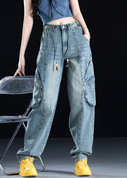 Organic Blue Pockets Patchwork Denim Pants Fall