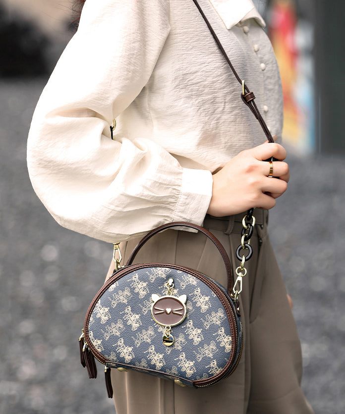 Organic Blue Print Faux Leather Round Bag