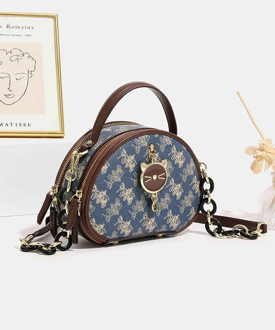 Organic Blue Print Faux Leather Round Bag