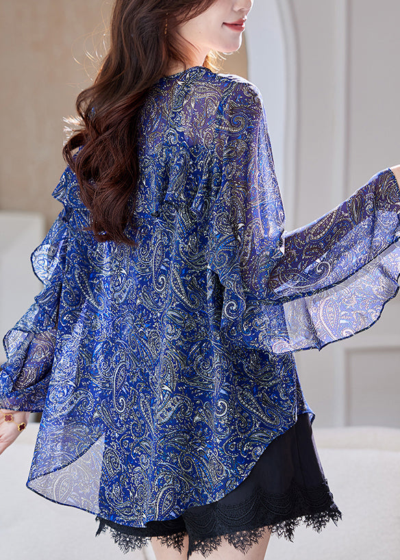 Organic Blue Print Ruffled Patchwork Chiffon Blouses Summer