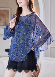 Organic Blue Print Ruffled Patchwork Chiffon Blouses Summer