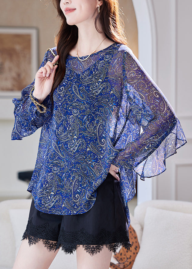 Organic Blue Print Ruffled Patchwork Chiffon Blouses Summer