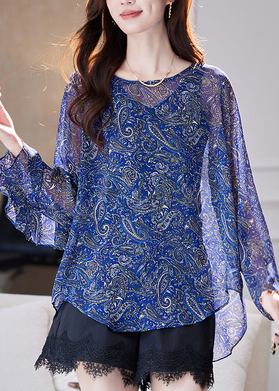 Organic Blue Print Ruffled Patchwork Chiffon Blouses Summer