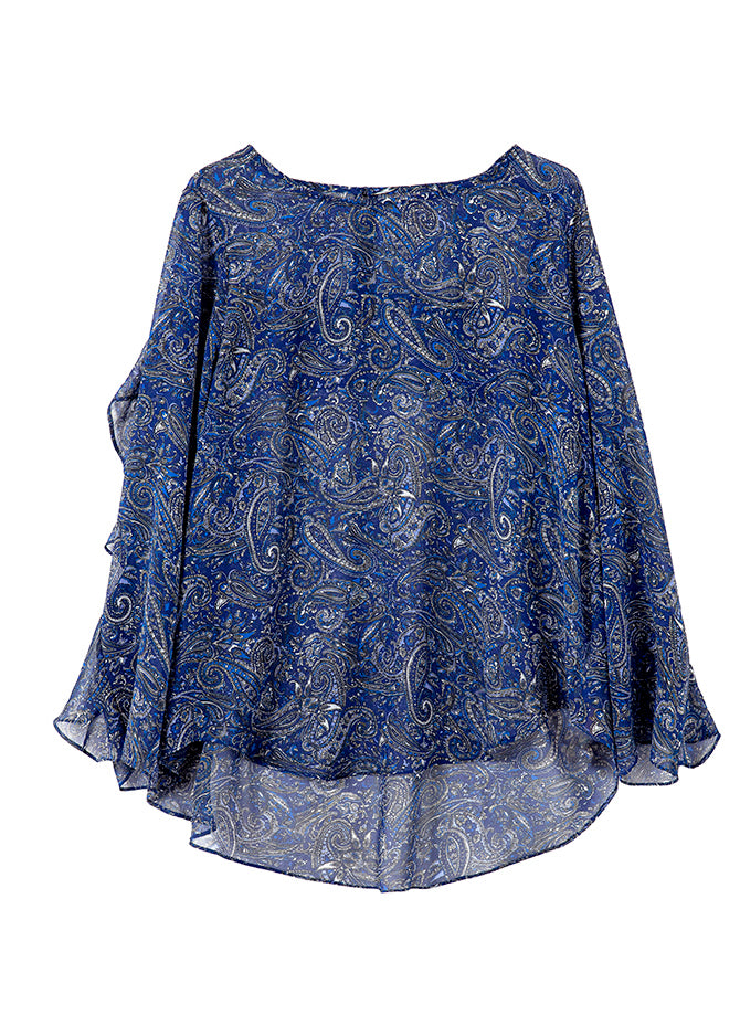 Organic Blue Print Ruffled Patchwork Chiffon Blouses Summer