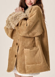 Organic Brown Pockets Fleece Wool Lined Wear On Both Sides Coats Winter
