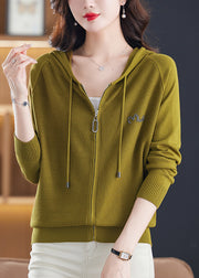 Organic Coffee Drawstring Patchwork Zippered Hooded Knit Coats Fall