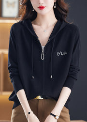 Organic Coffee Drawstring Patchwork Zippered Hooded Knit Coats Fall