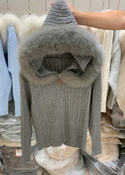 Organic Dark Grey Fur Collar Hooded Cotton Knit Cardigan Winter