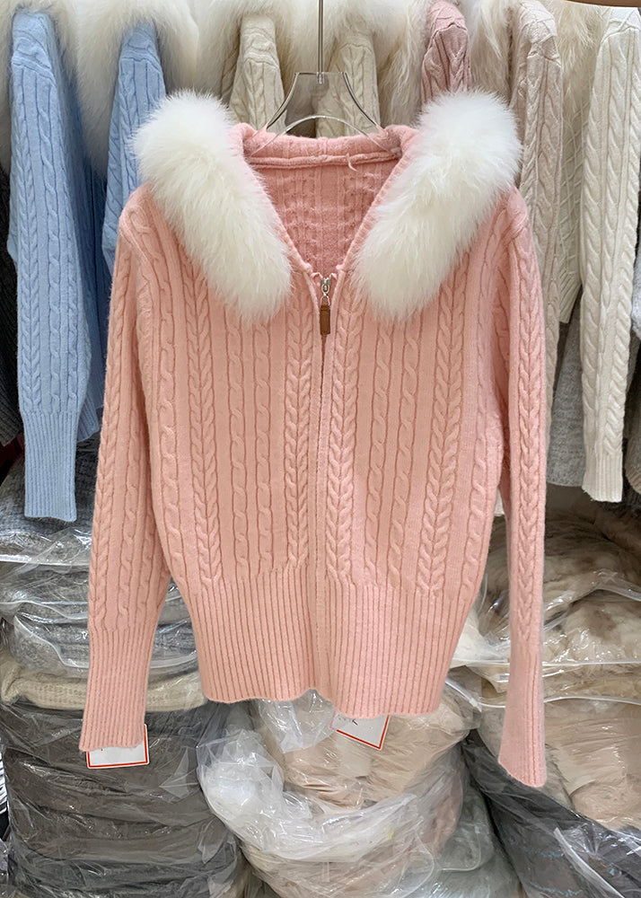 Organic Dark Grey Fur Collar Hooded Cotton Knit Cardigan Winter