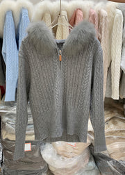 Organic Dark Grey Fur Collar Hooded Cotton Knit Cardigan Winter