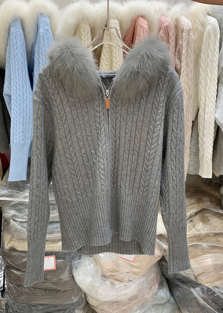 Organic Dark Grey Fur Collar Hooded Cotton Knit Cardigan Winter