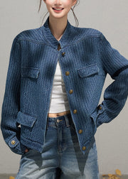 Organic Denim Blue Stand Collar Oversized Jackets Fall