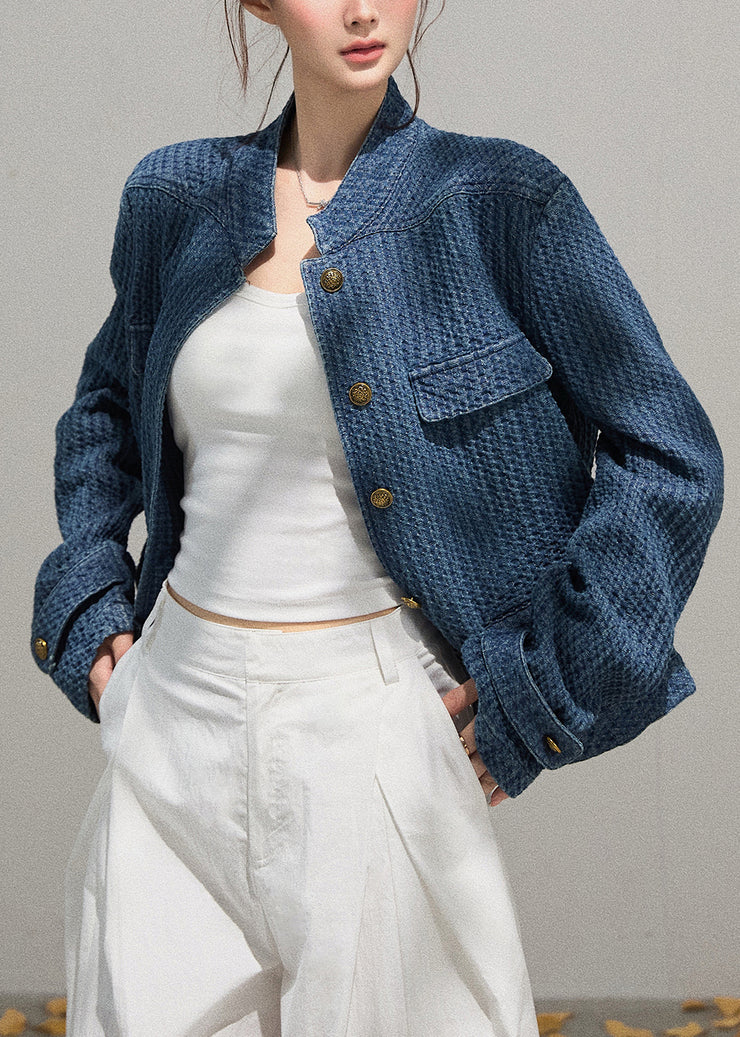 Organic Denim Blue Stand Collar Oversized Jackets Fall