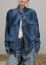 Organic Denim Blue Stand Collar Oversized Jackets Fall