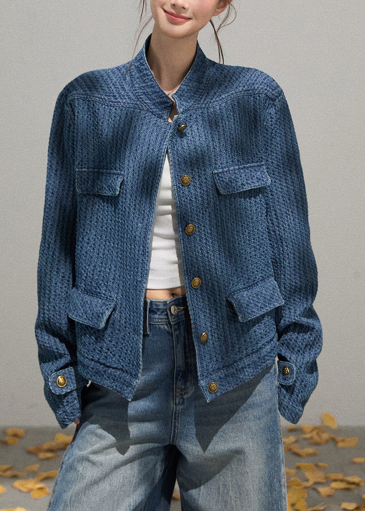 Organic Denim Blue Stand Collar Oversized Jackets Fall