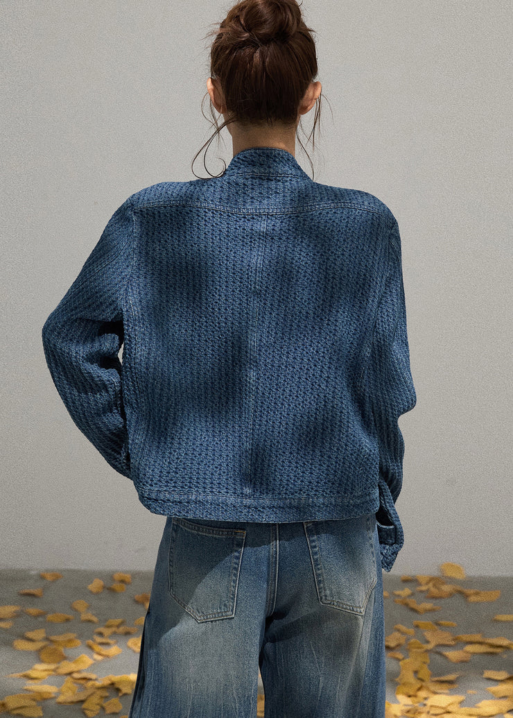 Organic Denim Blue Stand Collar Oversized Jackets Fall