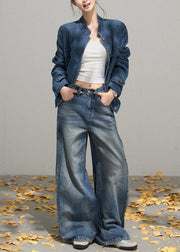 Organic Denim Blue Stand Collar Oversized Jackets Fall