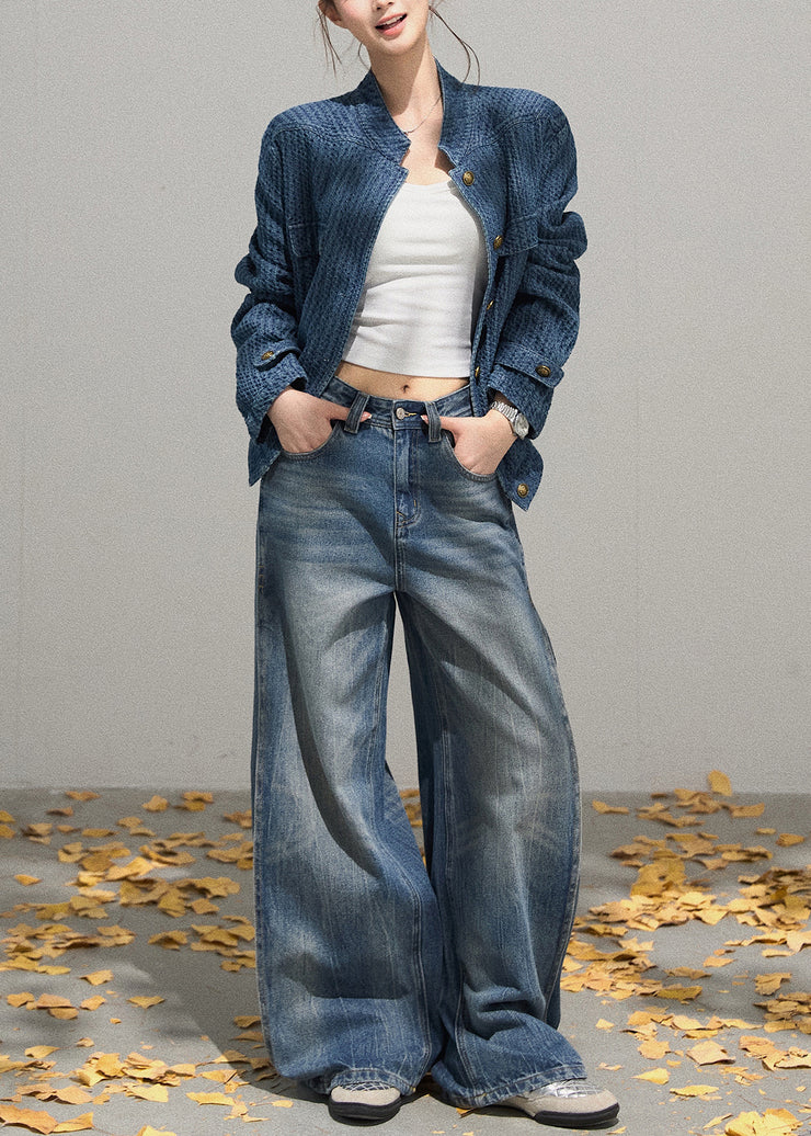 Organic Denim Blue Stand Collar Oversized Jackets Fall