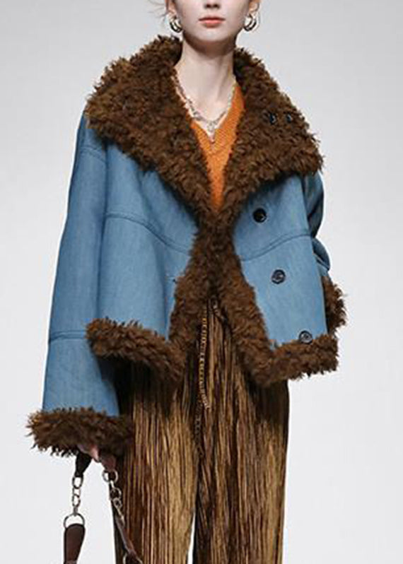 Organic Denim Blue Stand Collar Wear On Both Sides Warm Faux Fur Coats Winter