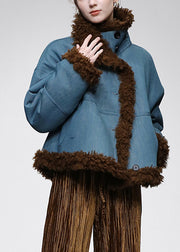 Organic Denim Blue Stand Collar Wear On Both Sides Warm Faux Fur Coats Winter