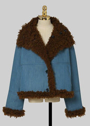 Organic Denim Blue Stand Collar Wear On Both Sides Warm Faux Fur Coats Winter